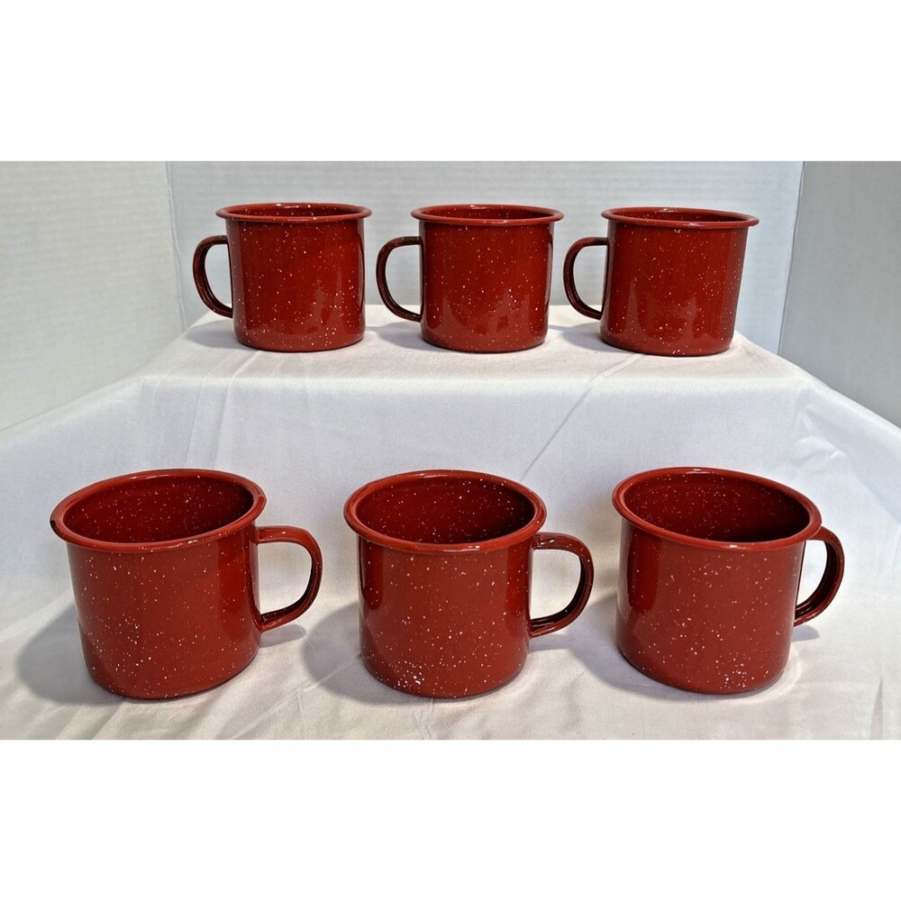 Vintage Style Red Speckled Enamelware Camping Mugs Set of 6 Campfire Coffee Cups